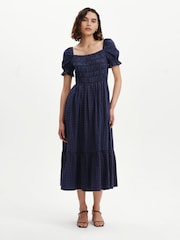Finery Navy Shirred Gingham Seersucker Midi Dress - Image 1 of 4