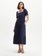 Finery Navy Shirred Gingham Seersucker Midi Dress - Image 2 of 4