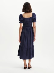 Finery Navy Shirred Gingham Seersucker Midi Dress - Image 4 of 4