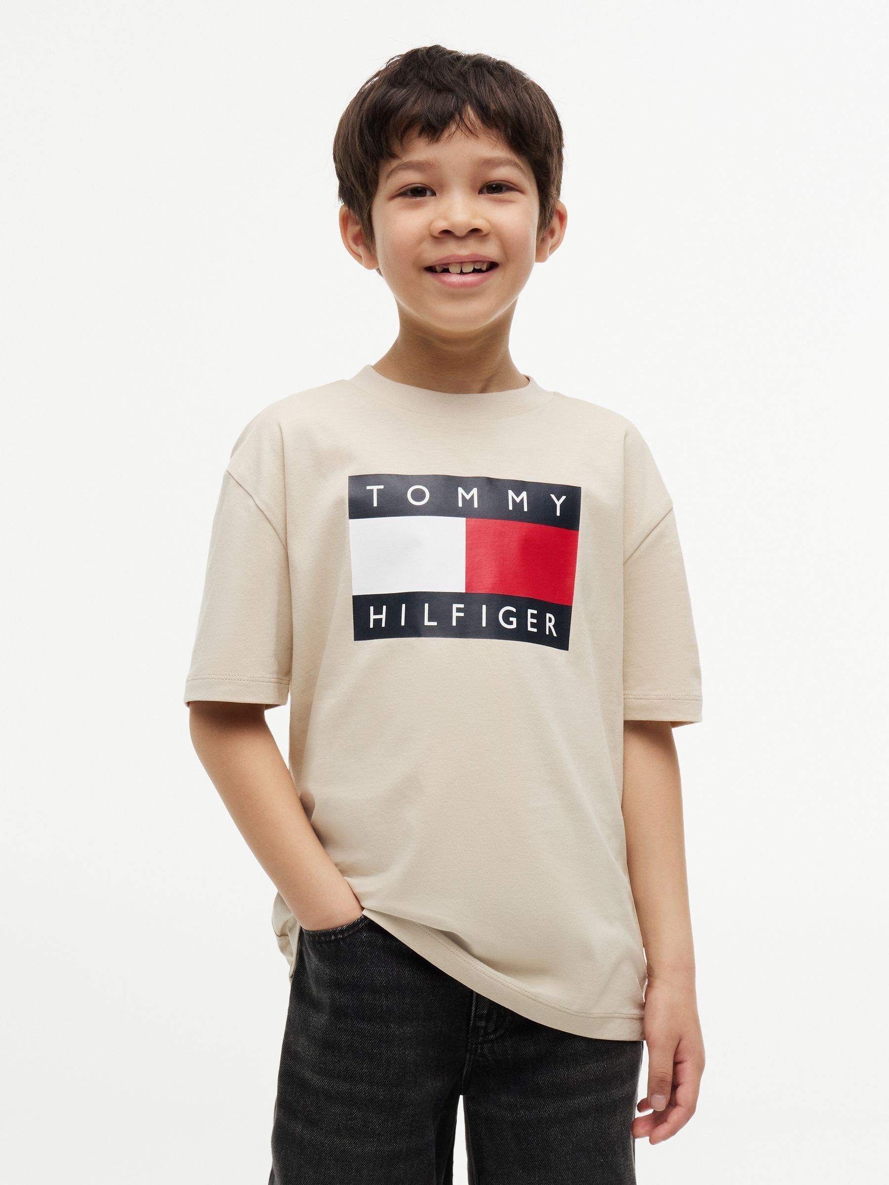 Tommy Hilfiger , Kids Short Sleeve T-Shirts, Male, Beige, 16 Y | 176 Cm, Flag Logo Jersey Crew Neck T-Shirt - Image 3