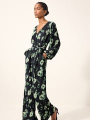 Blue/Green Long Sleeve Plissé Jumpsuit - Image 1 of 6