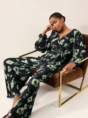 Blue/Green Long Sleeve Plissé Jumpsuit - Image 2 of 6