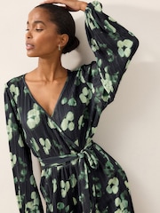 Blue/Green Long Sleeve Plissé Jumpsuit - Image 3 of 6