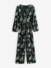 Blue/Green Long Sleeve Plissé Jumpsuit - Image 4 of 6