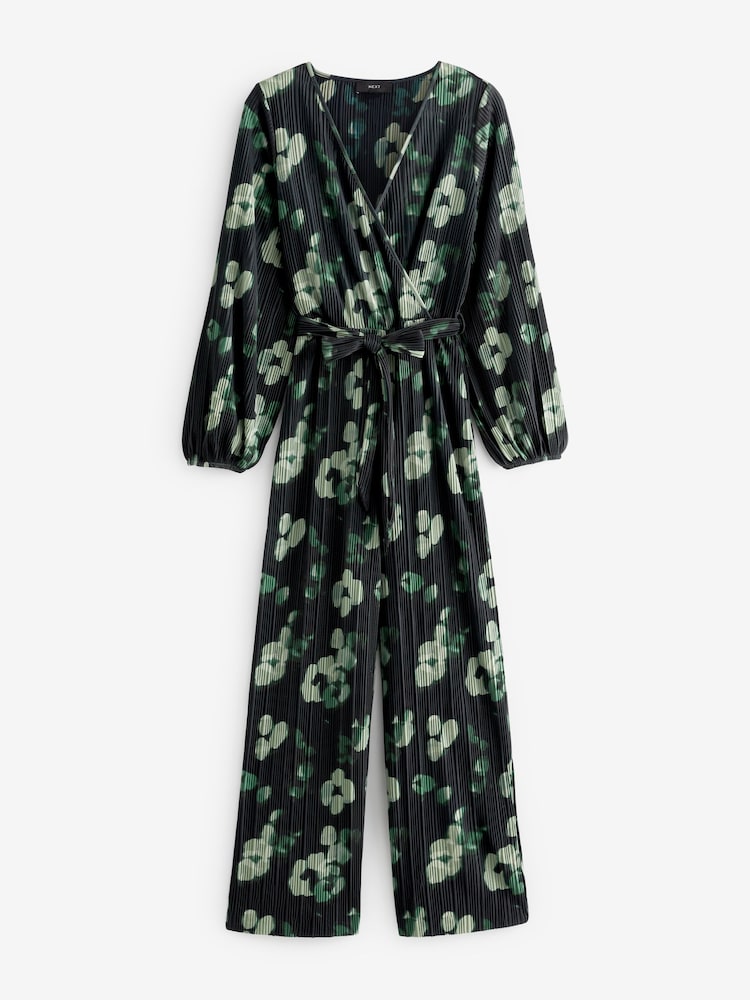 Blue/Green Long Sleeve Plissé Jumpsuit - Image 4 of 6