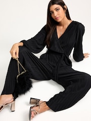 Black Long Sleeve Plissé Jumpsuit - Image 1 of 6