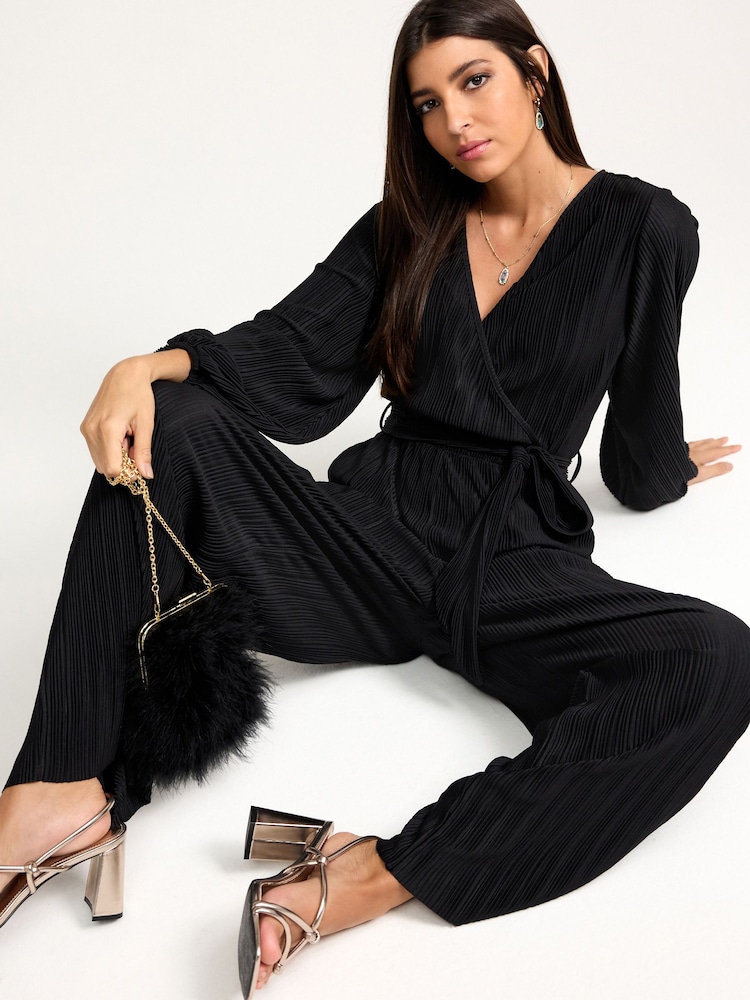 Black Long Sleeve Plissé Jumpsuit - Image 1 of 6