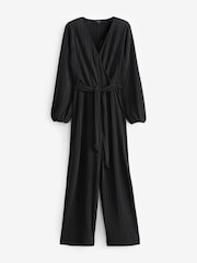 Black Long Sleeve Plissé Jumpsuit - Image 3 of 6