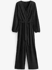 Black Long Sleeve Plissé Jumpsuit - Image 5 of 6