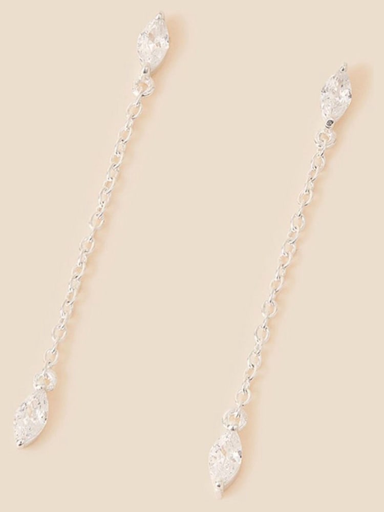 Accessorize White Sterling Silver Sparkle Chain Long Drop Earrings - Image 1 of 2