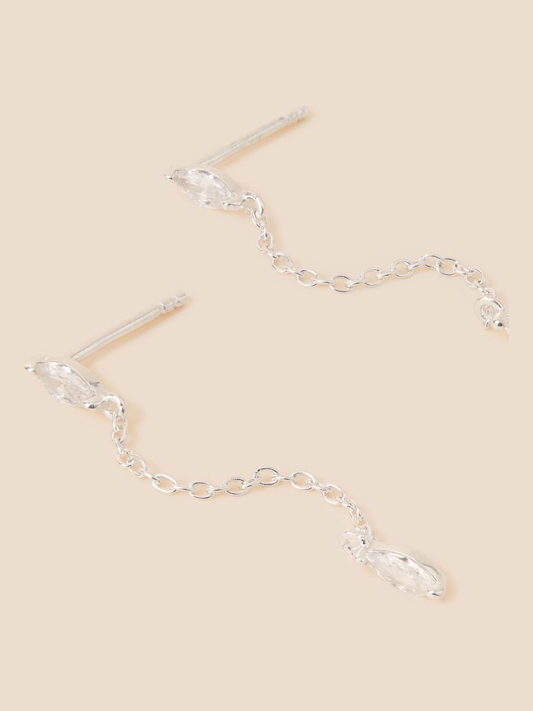 Accessorize White Sterling Silver Sparkle Chain Long Drop Earrings - Image 2 of 2
