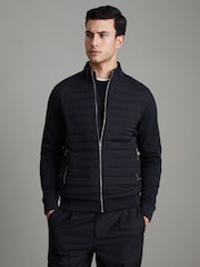 Reiss Navy Flintoff Hybrid Quilt and Knit Zip-Through Jacket - Image 1 of 8