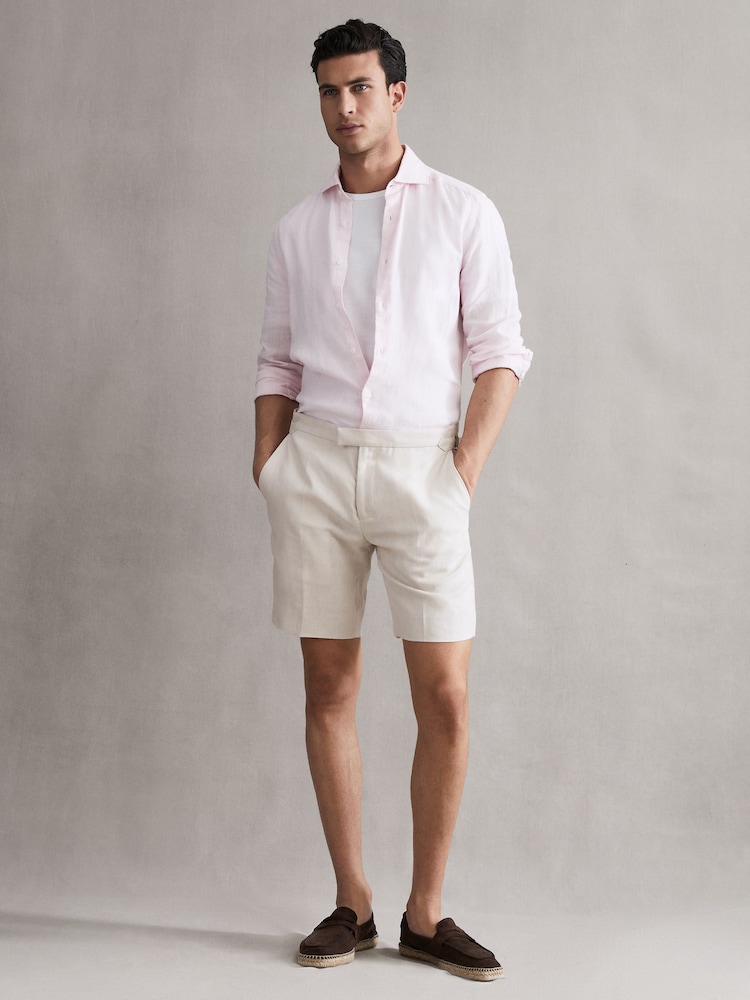 Reiss Oatmeal Searcy Linen Side Adjuster Shorts - Image 1 of 6