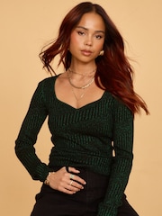 Another Sunday Knitted Metallic Long Sleeved Top With Sweetheart Neckline In Green - Image 1 of 5