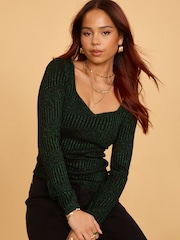 Another Sunday Knitted Metallic Long Sleeved Top With Sweetheart Neckline In Green - Image 2 of 5