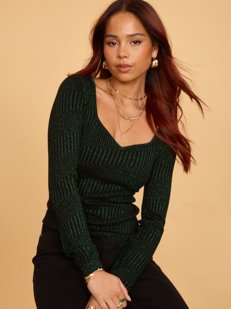 Another Sunday Knitted Metallic Long Sleeved Top With Sweetheart Neckline In Green - Image 2 of 5