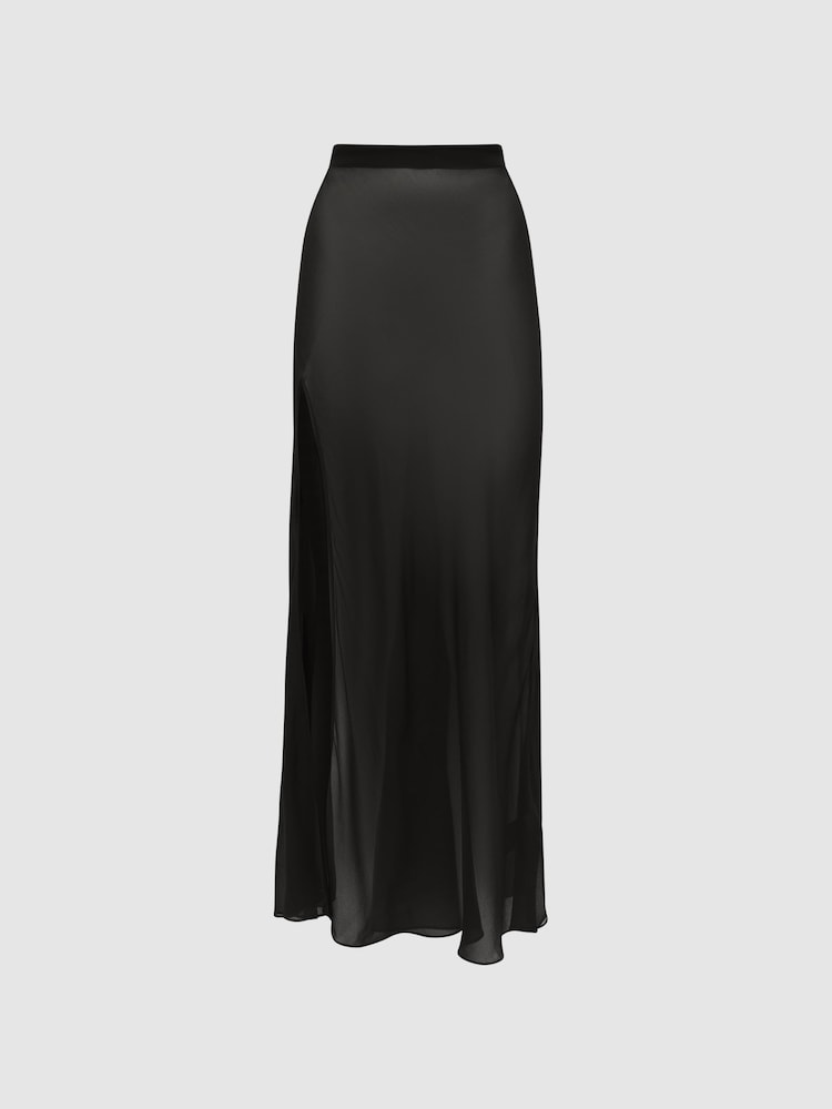 Reiss Black Casey Sheer High Rise Midi Skirt - Image 2 of 6