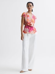 Reiss Pink Corey Tropical Print Wrap Blouse - Image 1 of 7