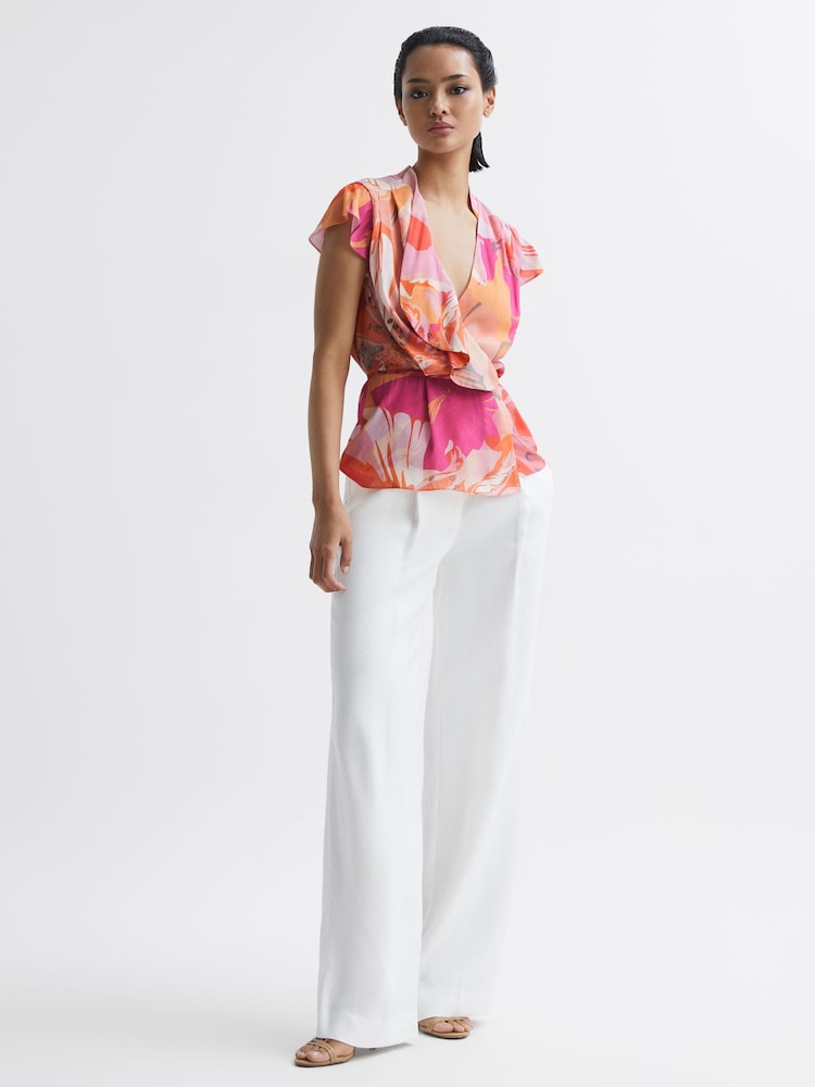 Reiss Pink Corey Tropical Print Wrap Blouse - Image 1 of 7
