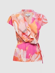 Reiss Pink Corey Tropical Print Wrap Blouse - Image 2 of 7
