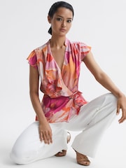 Reiss Pink Corey Tropical Print Wrap Blouse - Image 3 of 7