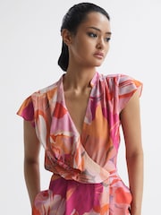Reiss Pink Corey Tropical Print Wrap Blouse - Image 4 of 7