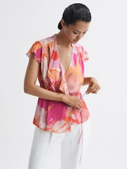 Reiss Pink Corey Tropical Print Wrap Blouse - Image 6 of 7