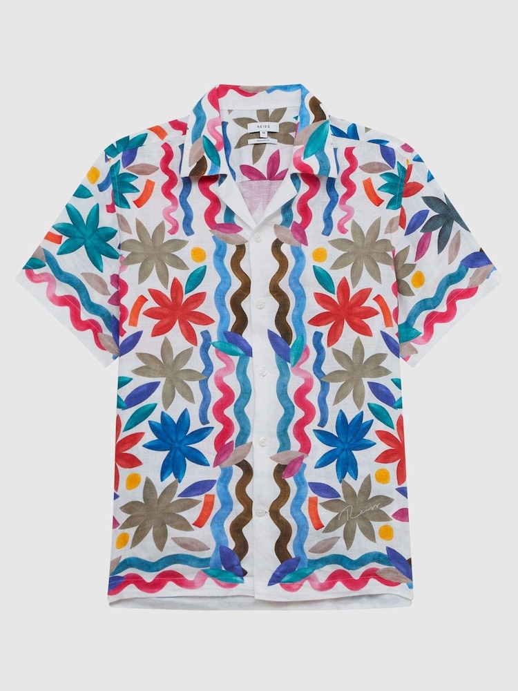 Reiss Multi Delphi Linen Floral Cuban Collar Shirt - Image 2 of 4