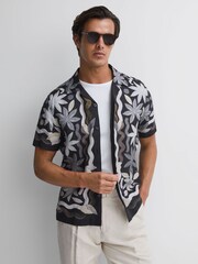 Reiss Black Multi Delphi Linen Floral Cuban Collar Shirt - Image 1 of 5