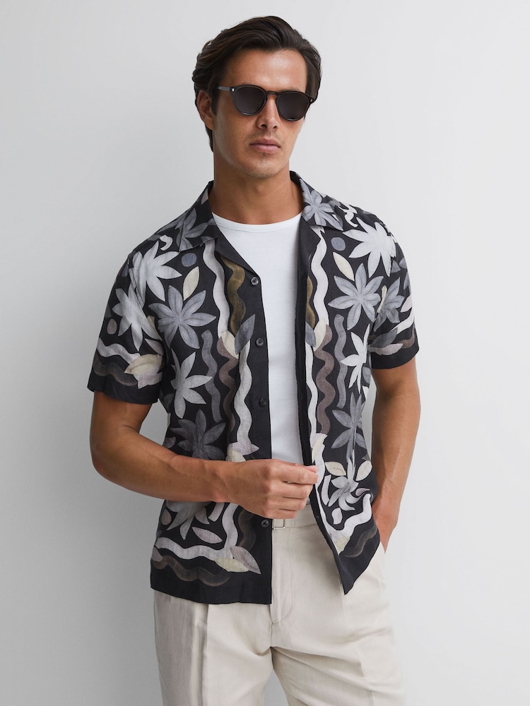 Reiss Black Multi Delphi Linen Floral Cuban Collar Shirt - Image 1 of 5