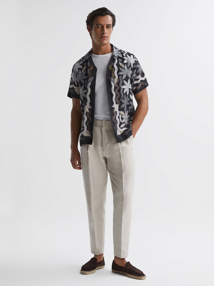 Reiss Black Multi Delphi Linen Floral Cuban Collar Shirt - Image 3 of 5