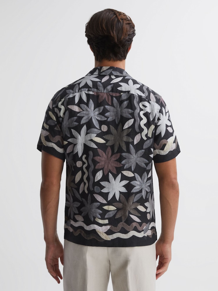 Reiss Black Multi Delphi Linen Floral Cuban Collar Shirt - Image 5 of 5