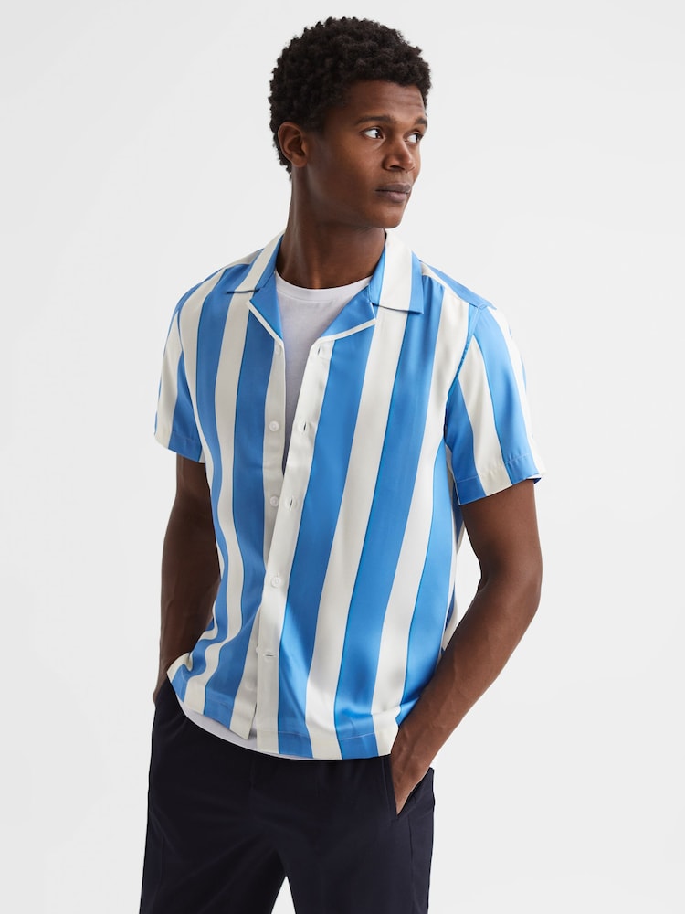 Reiss Blue/White Virginia Slim Fit Cuban Collar Striped Shirt - Image 1 of 5