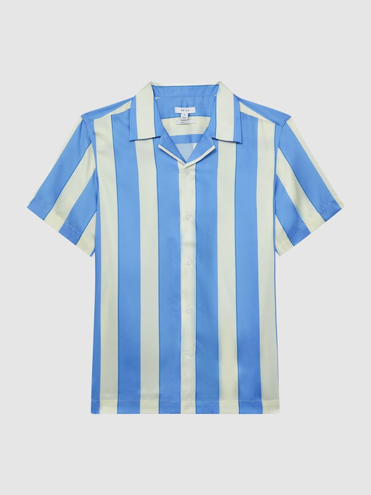 Reiss Blue/White Virginia Slim Fit Cuban Collar Striped Shirt - Image 2 of 5 Reiss Blue/White Virginia Slim Fit Cuban Collar Striped Shirt - Image 2 of 5