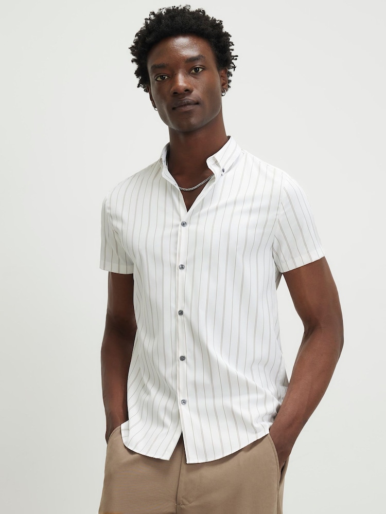River Island White Muscle Fit Stripe Shirt - Image 1 of 4 River Island White Muscle Fit Stripe Shirt - Image 1 of 4