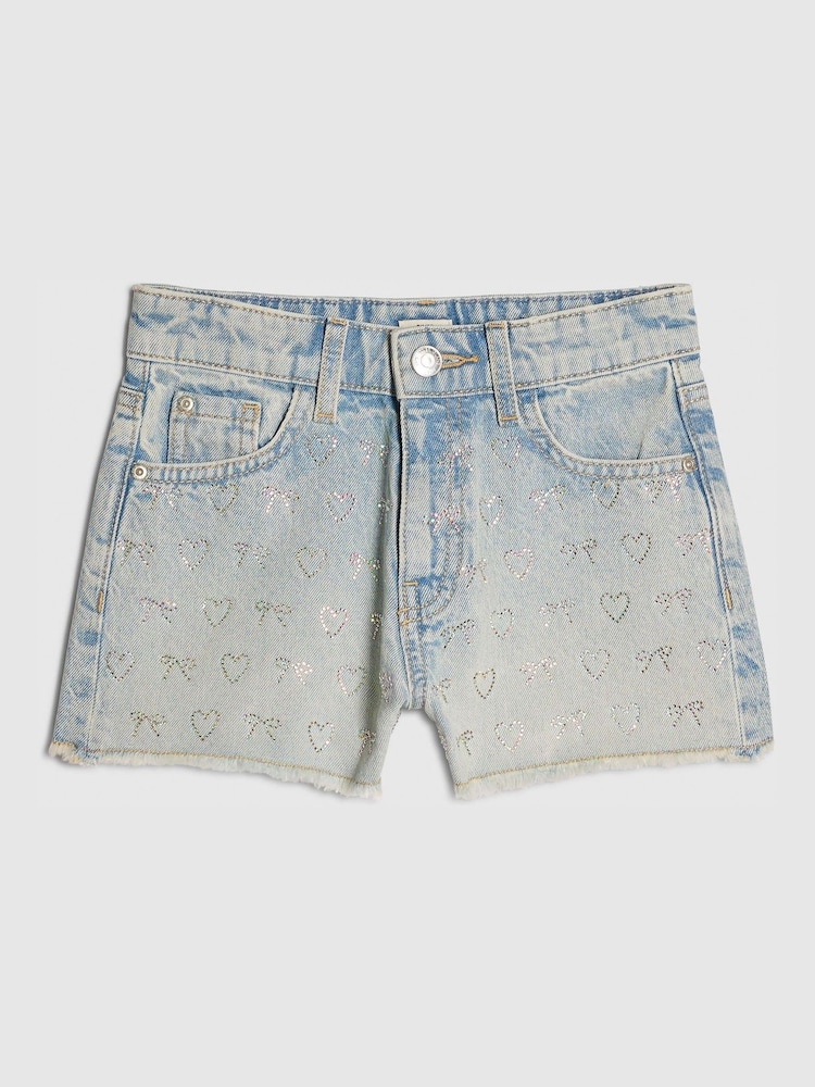 River Island Blue Heart & Bow Hotfix Denim Shorts - Image 1 of 4 River Island Blue Heart & Bow Hotfix Denim Shorts - Image 1 of 4