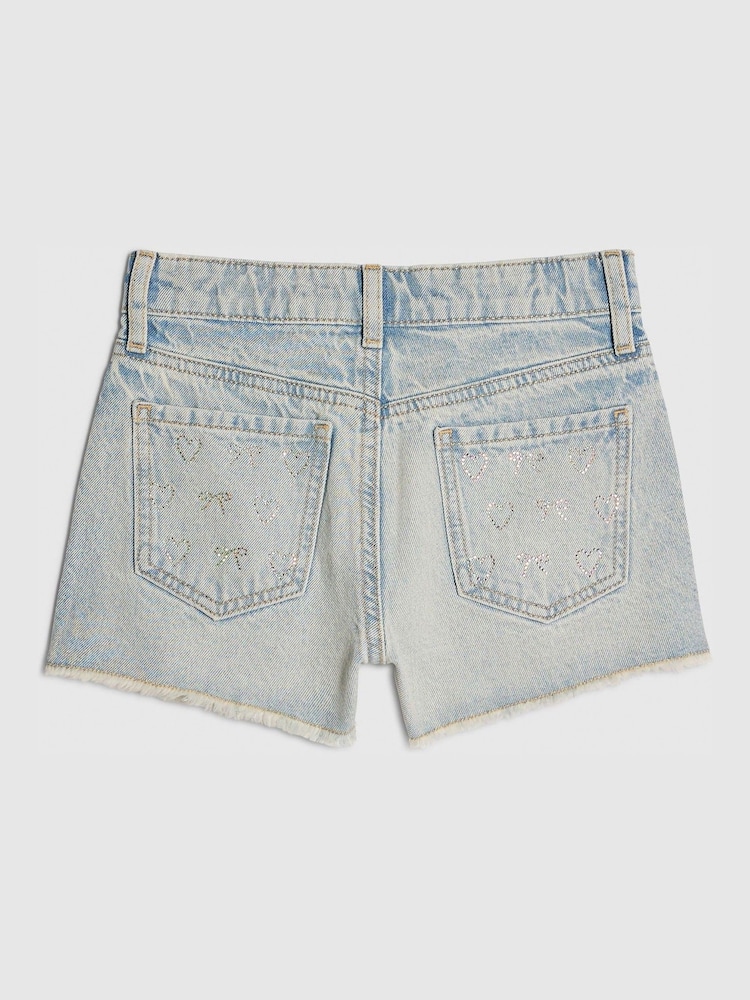 River Island Blue Heart & Bow Hotfix Denim Shorts - Image 2 of 4 River Island Blue Heart & Bow Hotfix Denim Shorts - Image 2 of 4