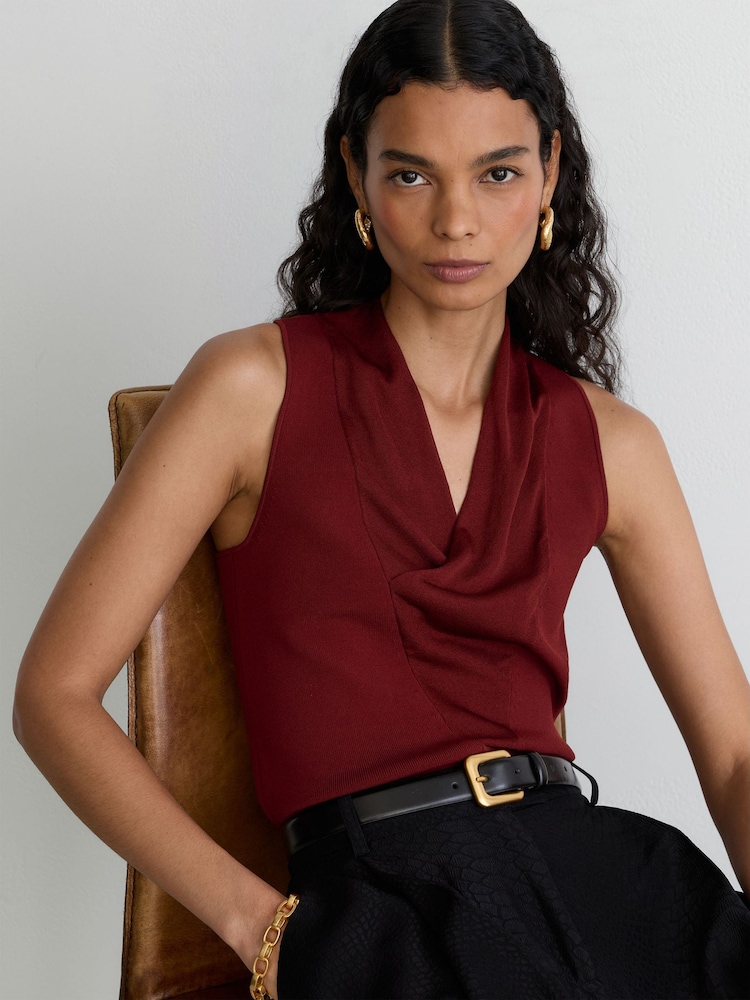 Reiss Claret Red Effie Cowl-Neck Knitted Sleeveless Top - Image 1 of 7