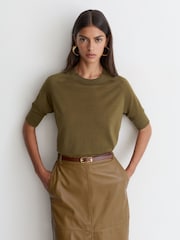 Reiss Khaki Green Suzzie Merino Wool Crew-Neck T-Shirt - Image 1 of 6