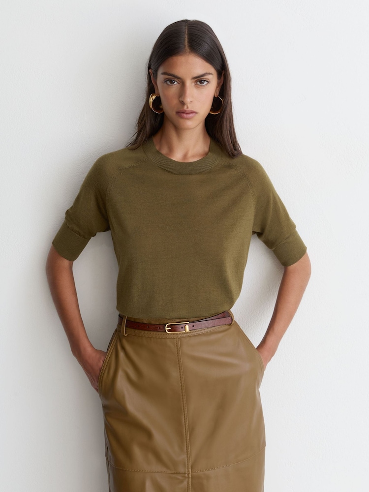Reiss Khaki Green Suzzie Merino Wool Crew-Neck T-Shirt - Image 1 of 6