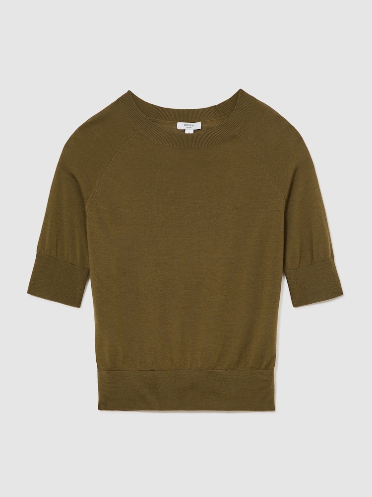 Reiss Khaki Green Suzzie Merino Wool Crew-Neck T-Shirt - Image 2 of 6
