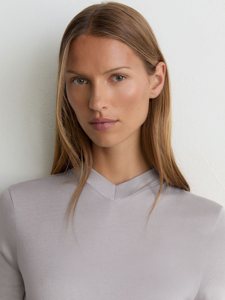 Reiss Light Grey Brody High V-Neck Long-Sleeve Top - Image 1 of 6 Reiss Light Grey Brody High V-Neck Long-Sleeve Top - Image 1 of 6