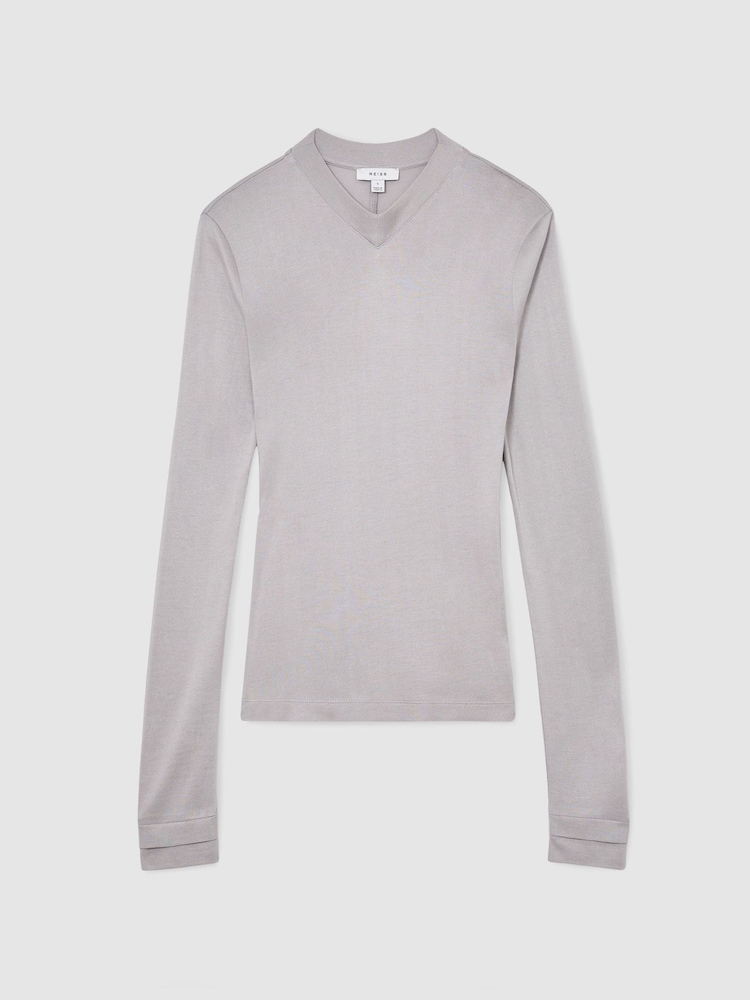 Reiss Light Grey Brody High V-Neck Long-Sleeve Top - Image 2 of 6 Reiss Light Grey Brody High V-Neck Long-Sleeve Top - Image 2 of 6