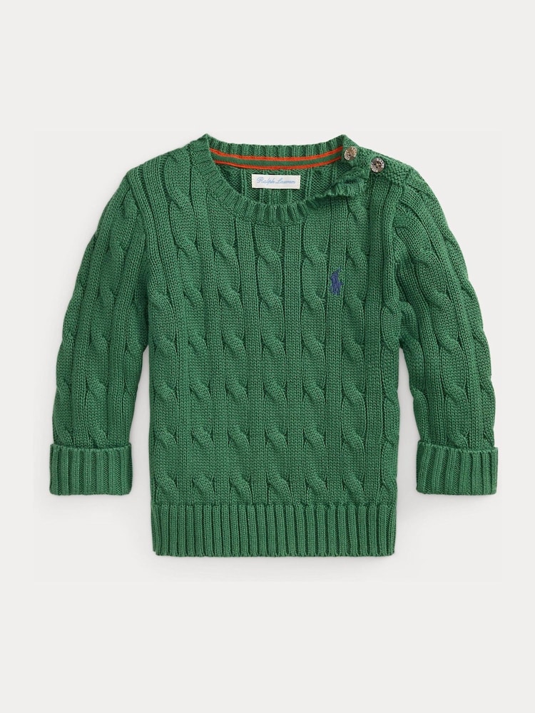 Polo Ralph Lauren Green Logo Cable Knit Jumper - Image 1 of 3 Polo Ralph Lauren Green Logo Cable Knit Jumper - Image 1 of 3