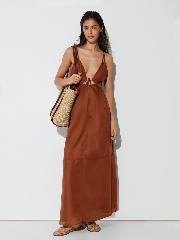 Reiss Toffee Brown Alexia Double-Tie Plunge Maxi Dress with Linen - Image 1 of 8