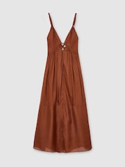 Reiss Toffee Brown Alexia Double-Tie Plunge Maxi Dress with Linen - Image 2 of 8
