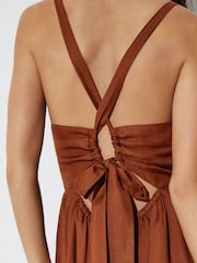 Reiss Toffee Brown Alexia Double-Tie Plunge Maxi Dress with Linen - Image 3 of 8