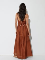 Reiss Toffee Brown Alexia Double-Tie Plunge Maxi Dress with Linen - Image 5 of 8