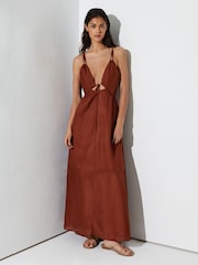 Reiss Toffee Brown Alexia Double-Tie Plunge Maxi Dress with Linen - Image 6 of 8