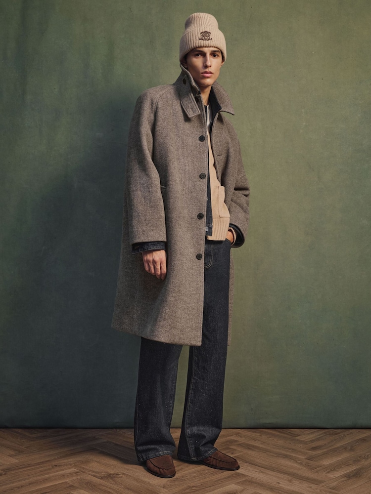 Reiss Brown Barrie Monogram Wool-Blend Twill Relaxed Raglan Overcoat - Image 1 of 10 Reiss Brown Barrie Monogram Wool-Blend Twill Relaxed Raglan Overcoat - Image 1 of 10